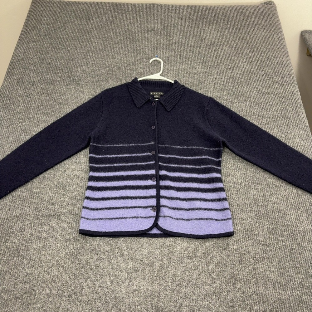 Vintage Revue Cardigan Womens M Purple Wool Striped Button Up Collared Classic